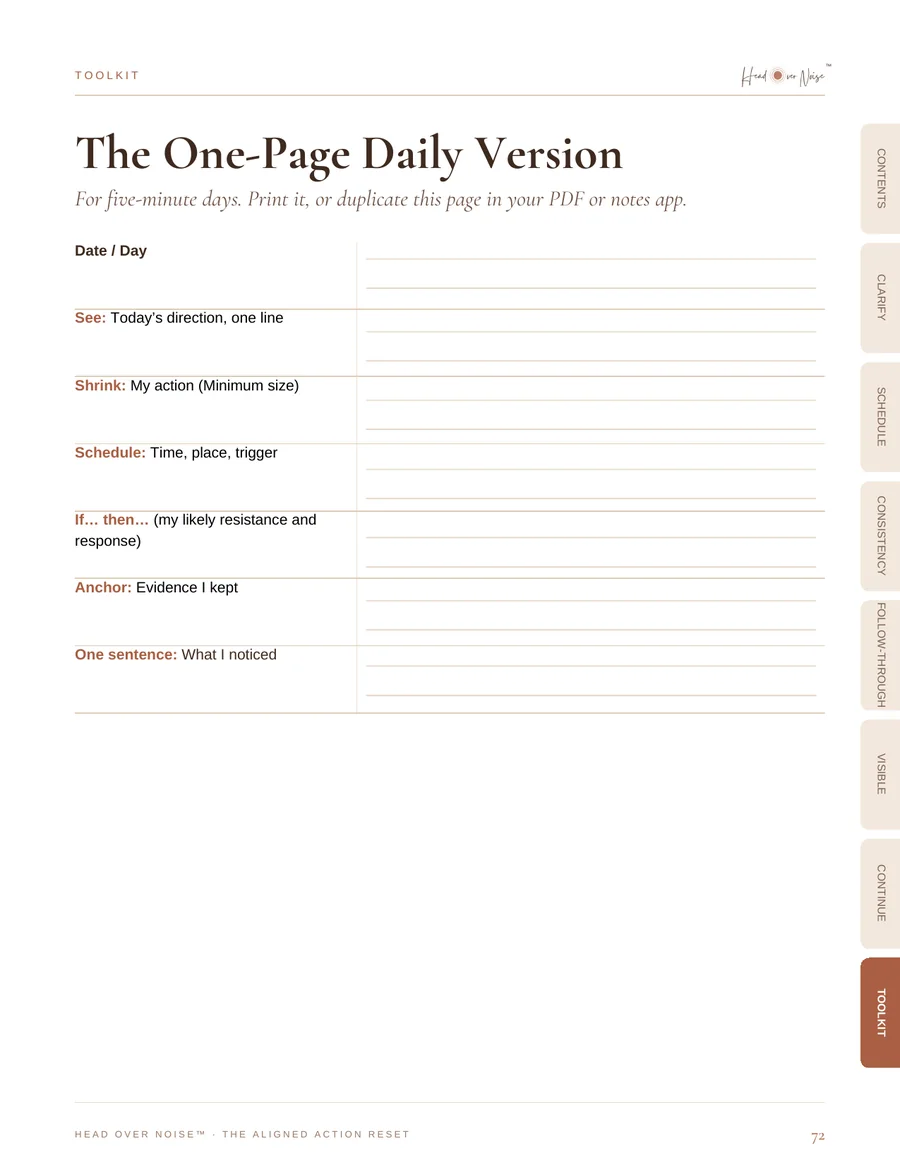 One-Page Daily Version · for five-minute days page of The Aligned Action Reset